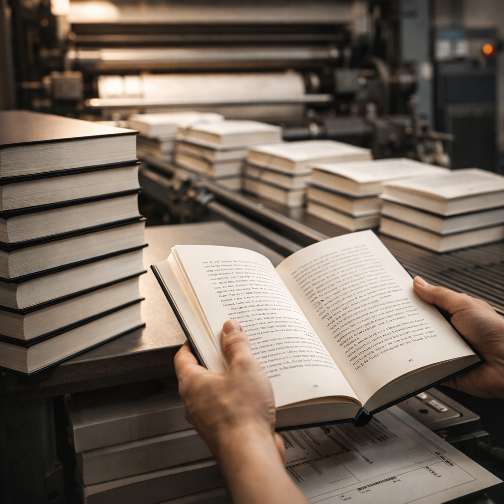 Druk pierwszego nakładu książki – świeżo wydrukowane egzemplarze powieści w drukarni, symbol fizycznego wydania i zakończenia procesu wydawniczego.