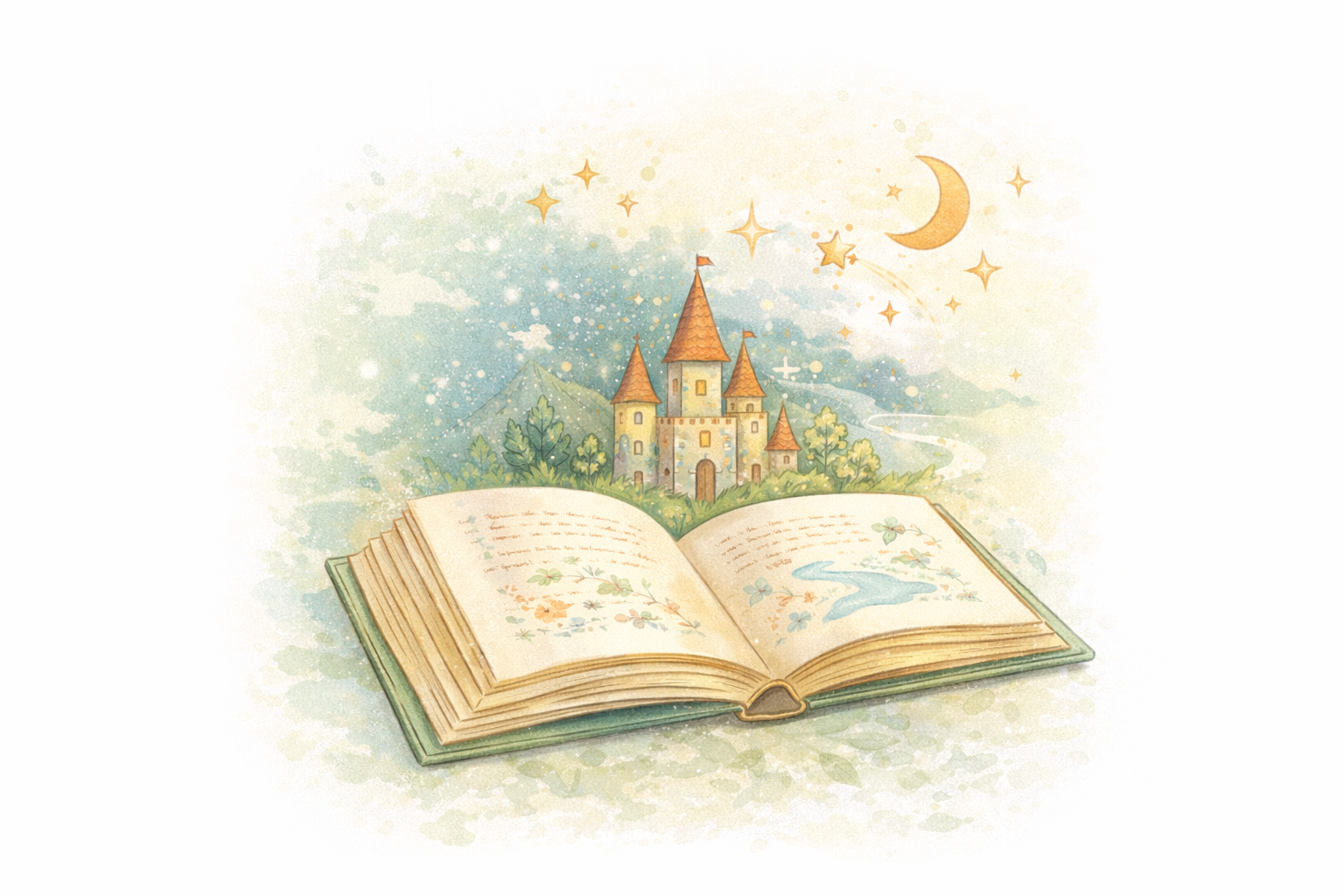 Ilustracja otwartej książki z bajkowym światem symbolizująca projekt wydania bajek dla dzieci realizowany przez Fundację Ludzkiego Przebudzenia.