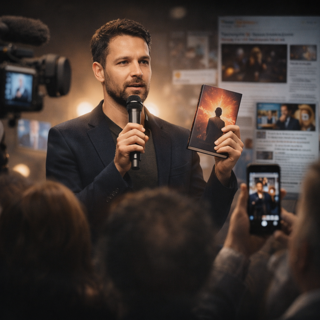 Promocja debiutanckiej książki – autor prezentujący swoją powieść mediom i odbiorcom, symbol budowania widoczności i rozpoznawalności twórcy.