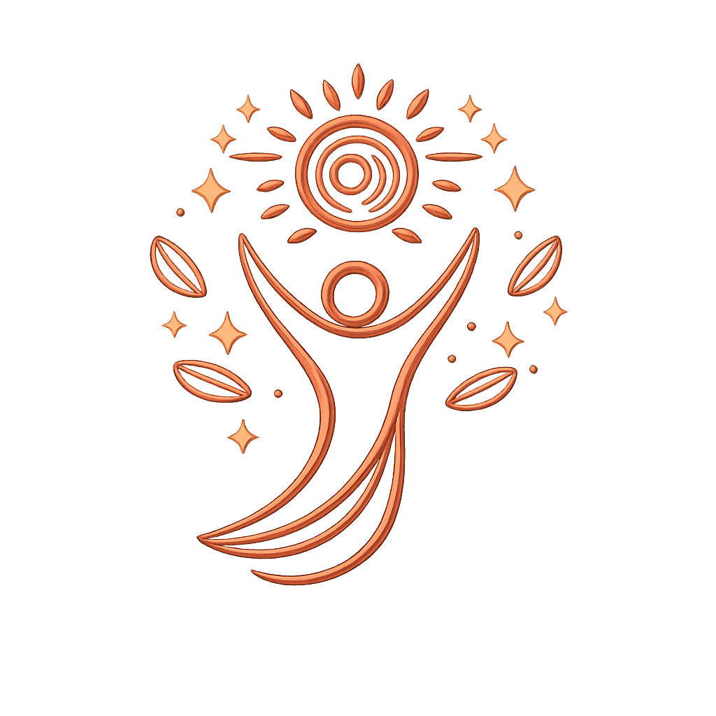 Miedziany symbol człowieka wznoszącego się ku spiralnemu słońcu, oznaczający świadome przebudzenie, rozwój i działanie Fundacji Ludzkiego Przebudzenia.