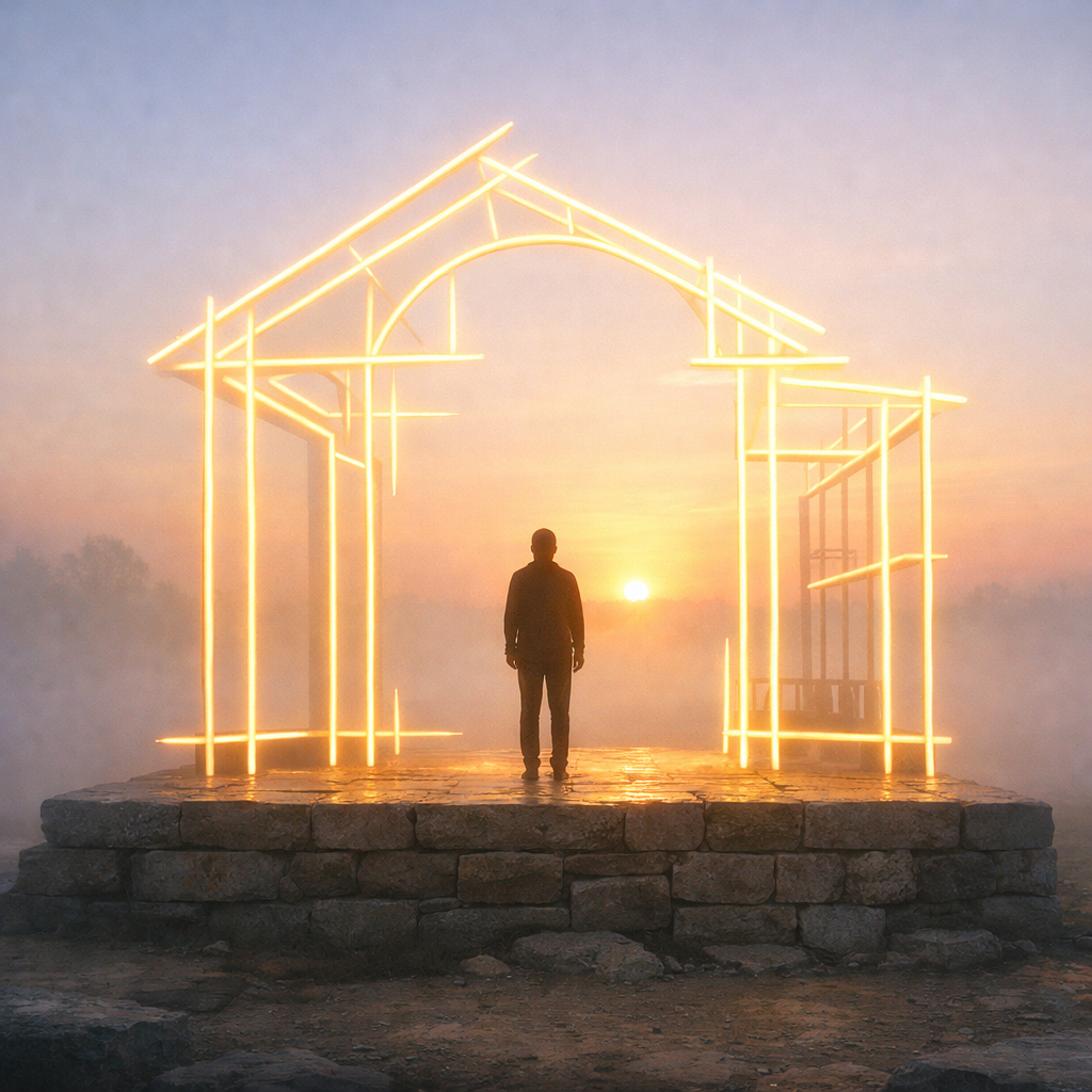 Sylwetka osoby budującej nową tożsamość ze światła na solidnym fundamencie - metafora odrodzenia po kryzysie.