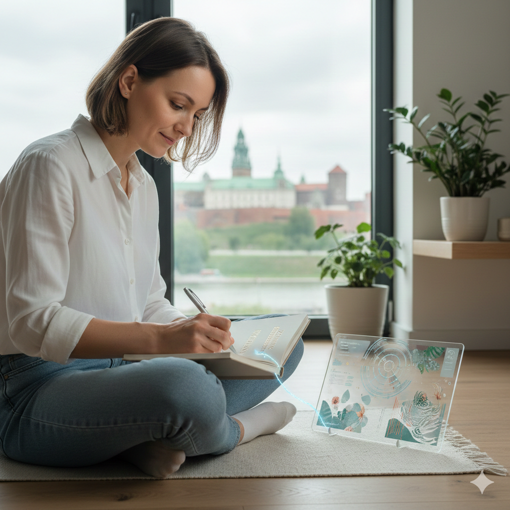 Osoba trenująca Mental Fitness poprzez zapisywanie ćwiczeń w Dzienniku Przebudzenia – rozwój osobisty Kraków