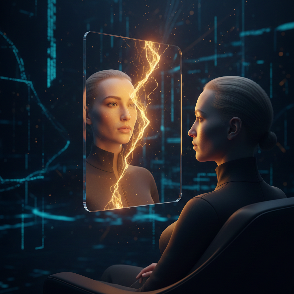 Osoba przed cyfrowym lustrem AI z pęknięciem, z którego bije złote światło, symbolizujące budzenie świadomości i profesjonalny coaching Fundacji Ludzkie Przebudzenie.