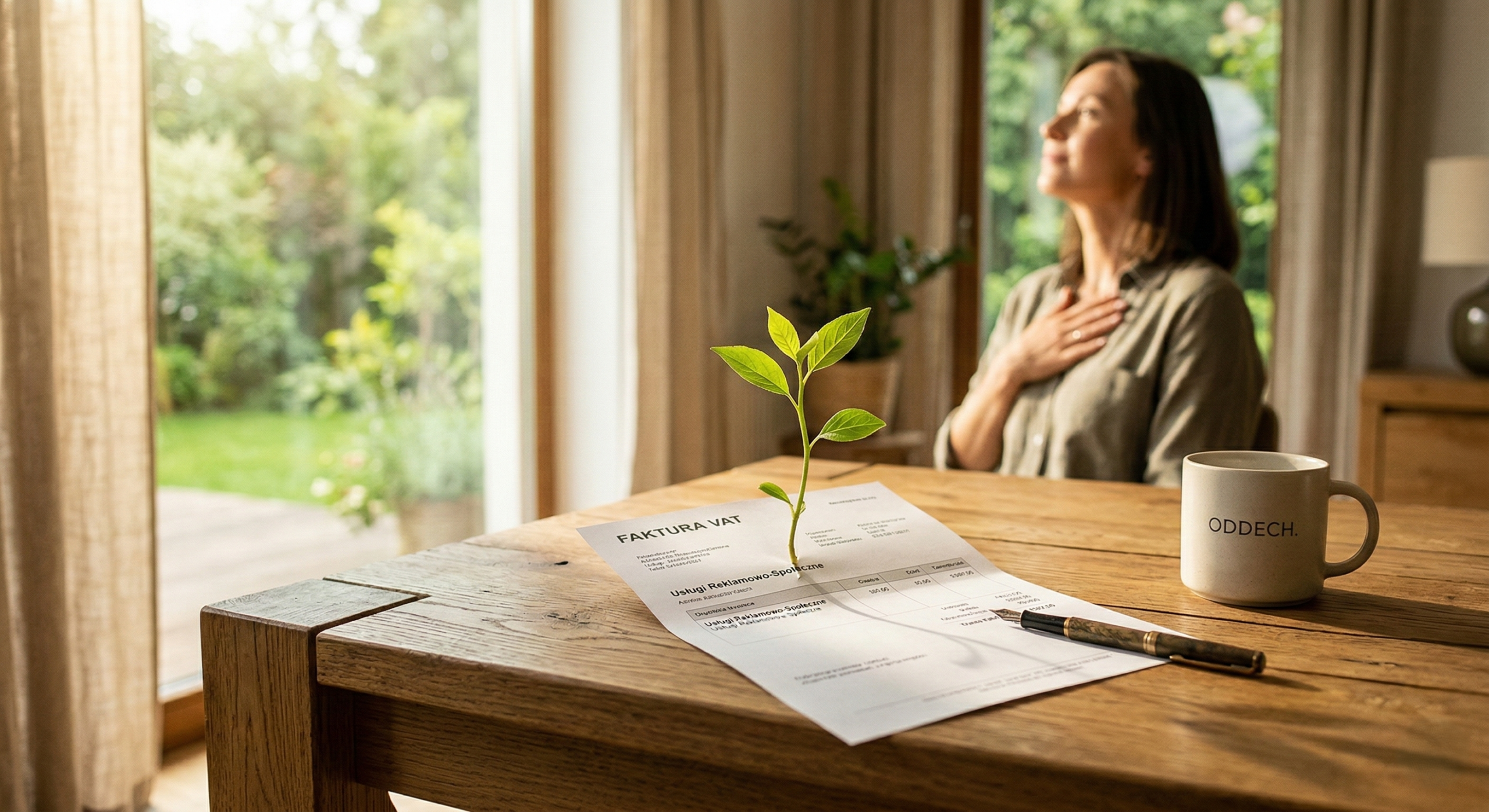 Faktura VAT wystawiona przez fundację z wyrastającą z niej zieloną rośliną, symbolizująca optymalizację kosztów CSR i wzrost dobrostanu w firmie na tle relaksującej się kobiety.