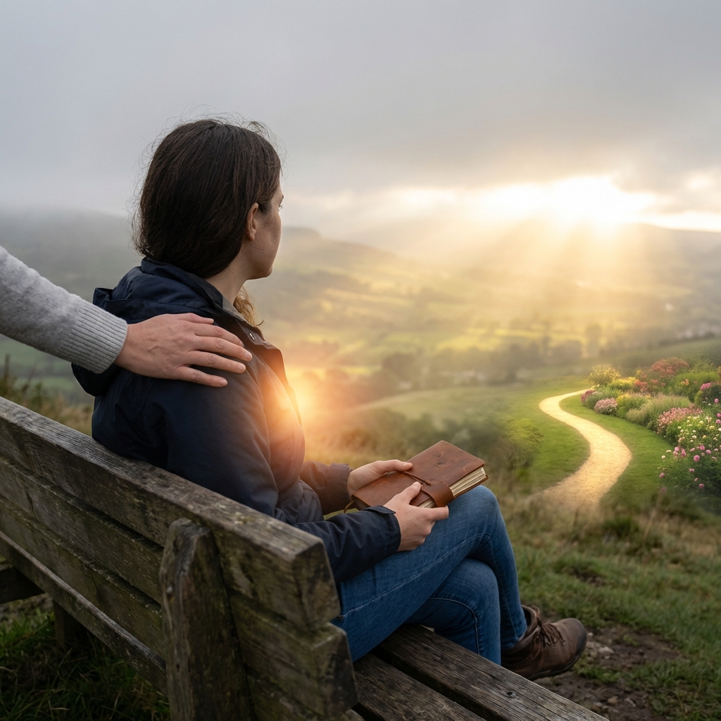Kobieta siedząca na ławce, patrząca na świetlistą drogę wśród wzgórz – symbolika rozwoju duchowego i emocji.