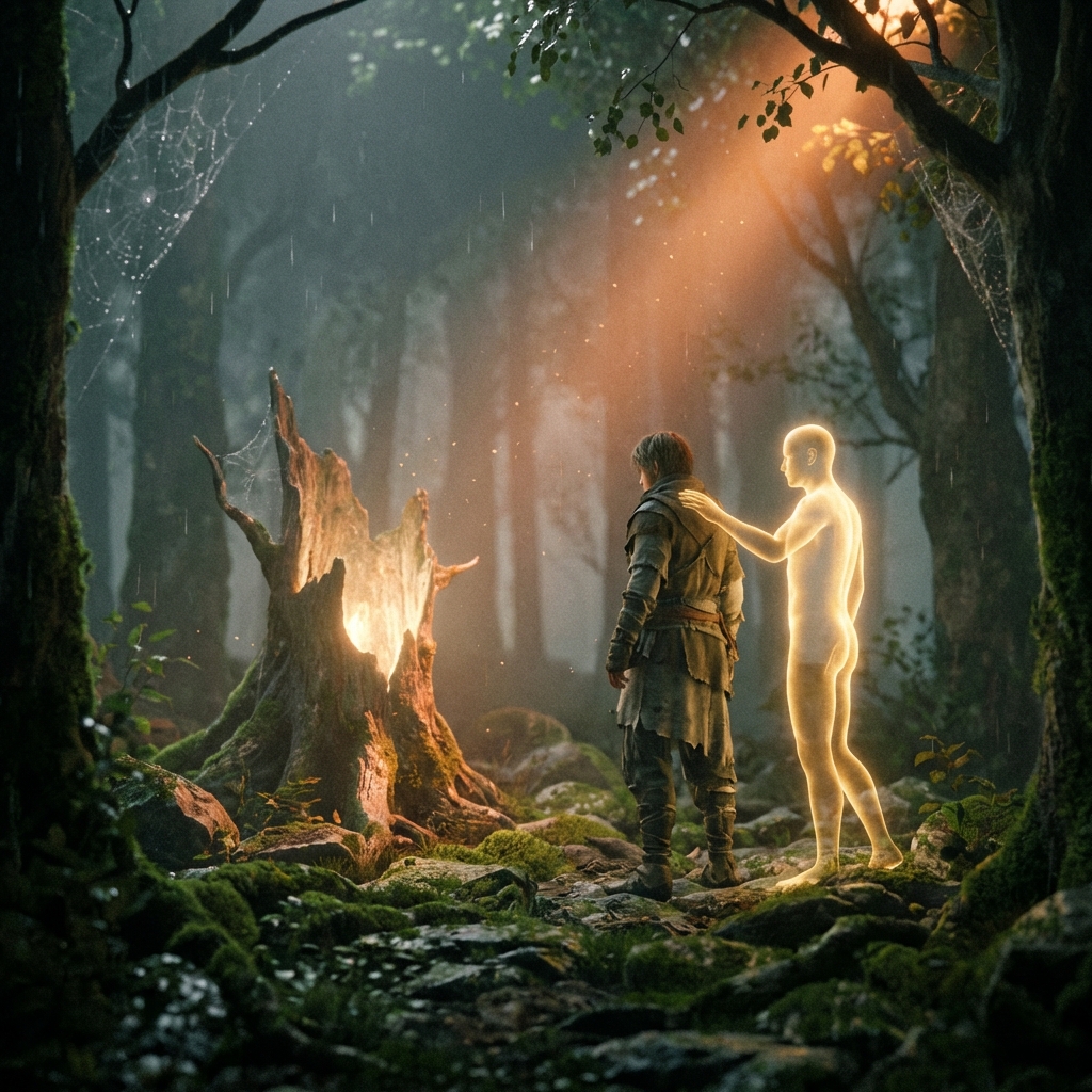 Świetlista postać kładąca dłoń na ramieniu wędrowca w mrocznym lesie, symbolizująca miłość jako nauczyciela w procesie rozwoju duchowego.